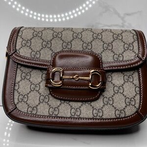 Gucci GG Supreme Horsebit Small Shoulder Bag Canvas & Brown Leather